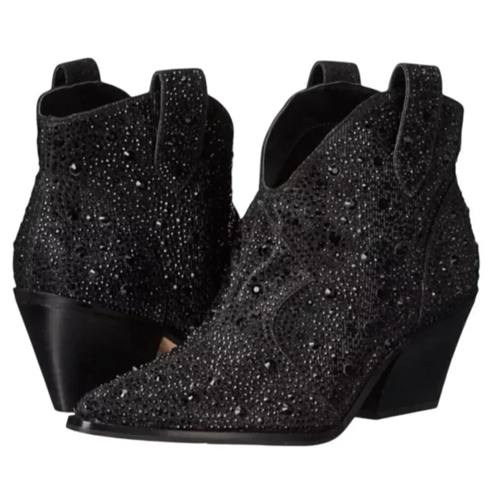 JESSICA SIMPSON / Black / Glittered / Ankle / Boots With Block Heel And Pull Tab